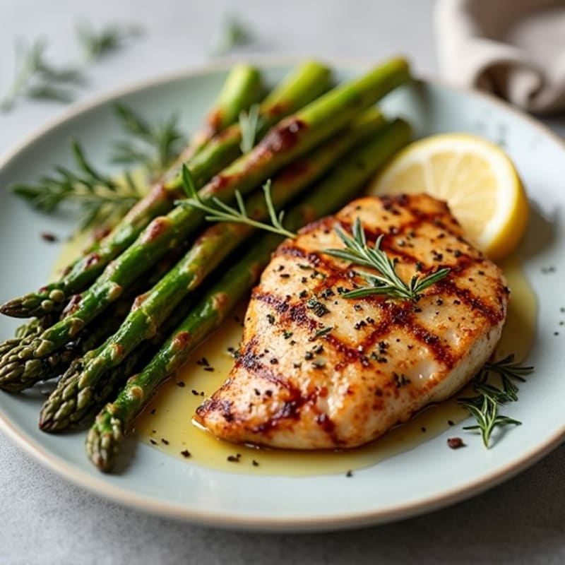 Crispy Pan-Seared Garlic Herb Chicken and Steak with Roasted Asparagus