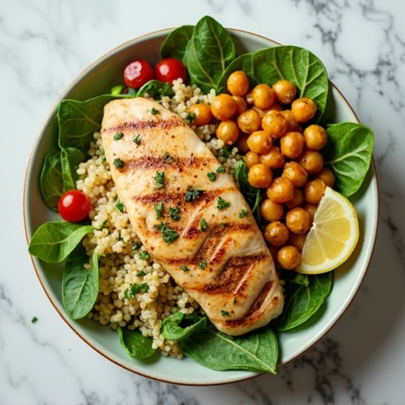 Lemon Herb Grilled Chicken with Fresh Greens, Quinoa, and Crispy Chickpeas
