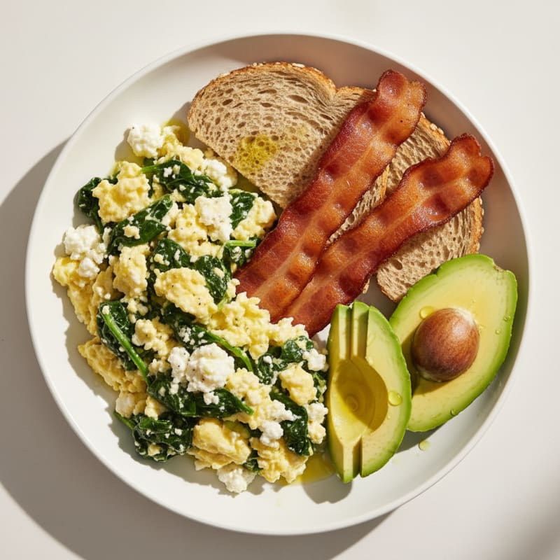 Cottage Cheese Scramble with Spinach and Turkey Bacon