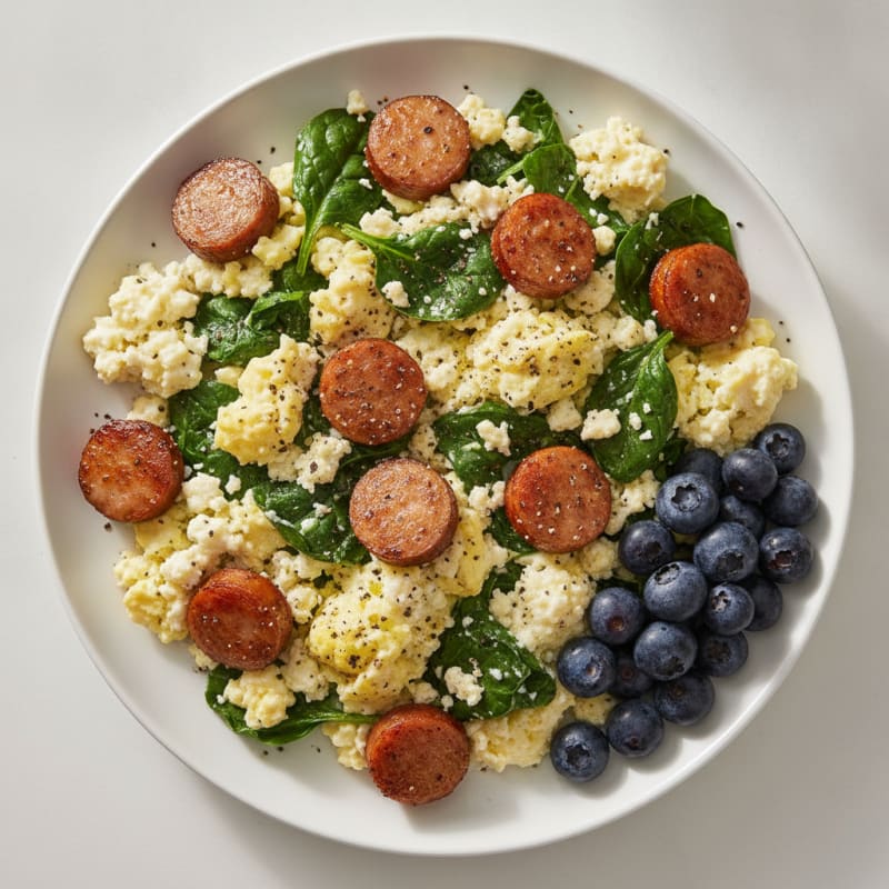 Cottage Cheese and Spinach Egg Scramble with Turkey Sausage