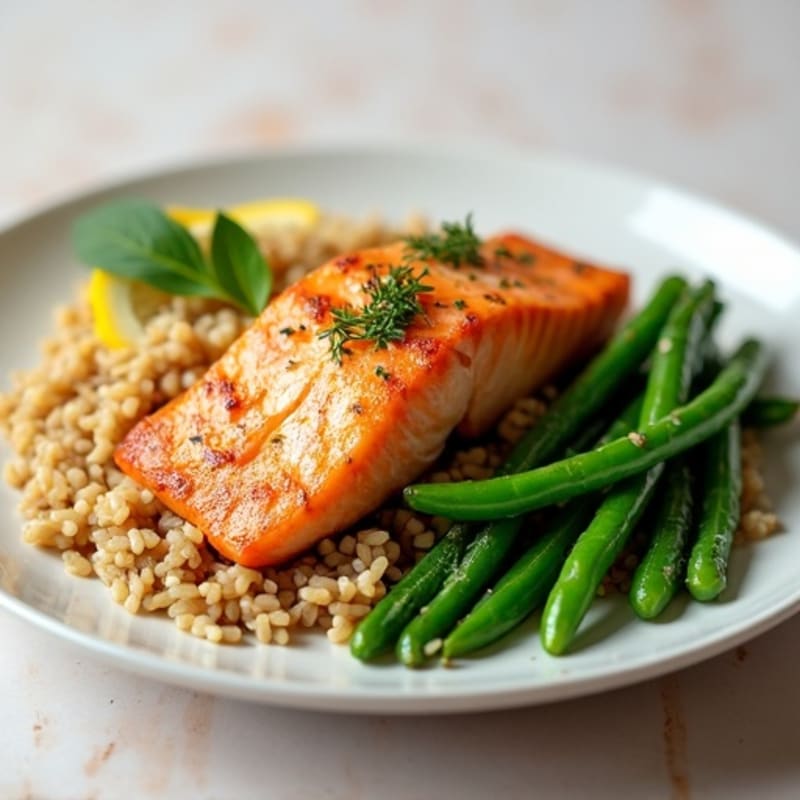 Seared Salmon with Steamed Green Beans and Brown Rice