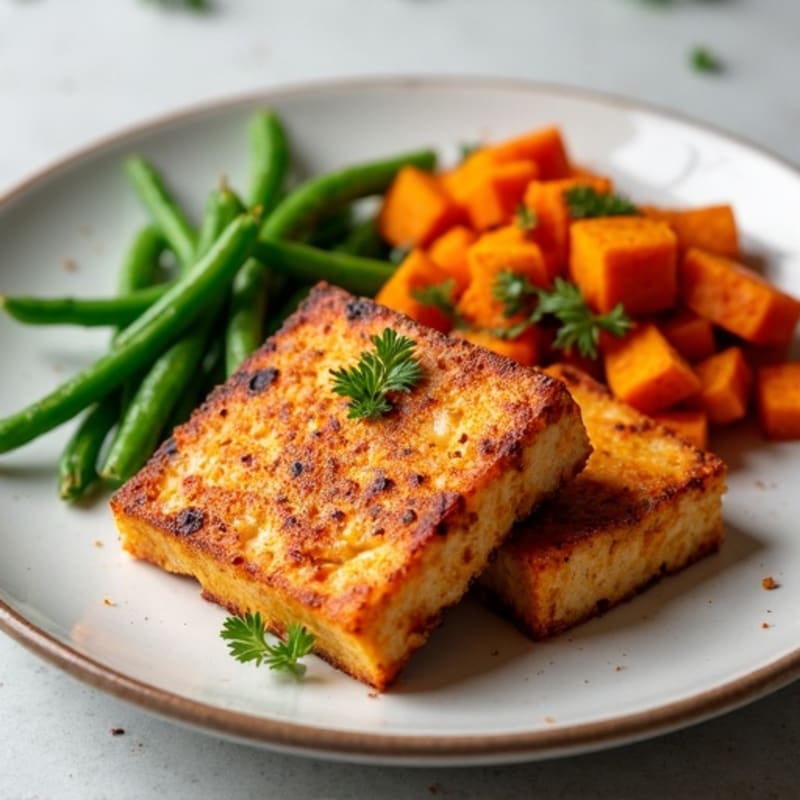 Crispy Baked Tofu with Roasted Sweet Potatoes and Green Beans