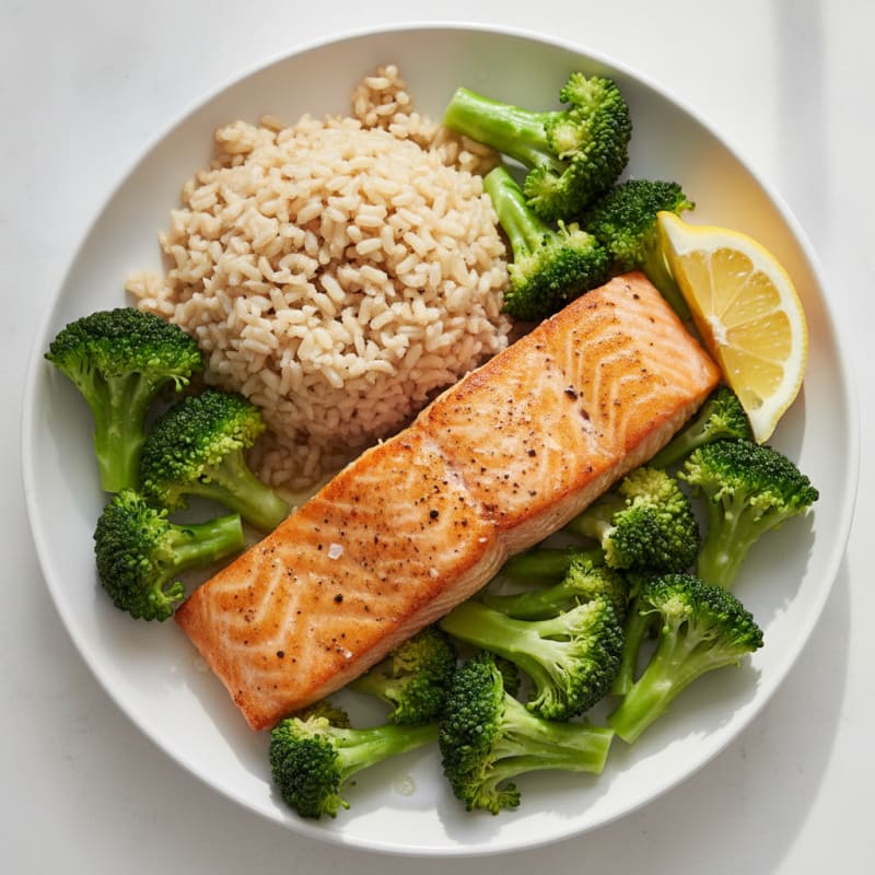 Seared Salmon with Steamed Broccoli and Brown Rice