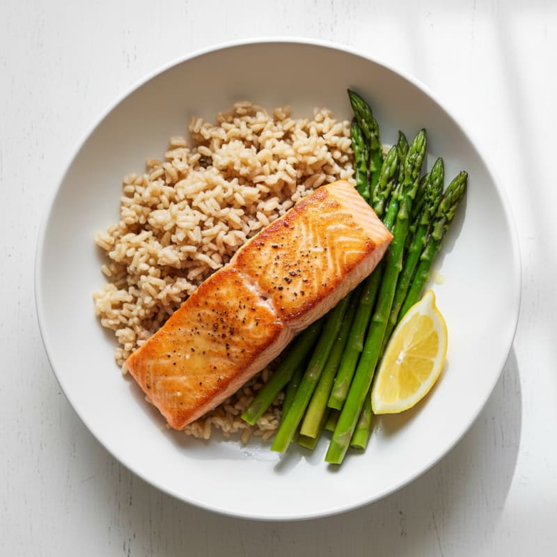 Seared Salmon with Steamed Asparagus and Brown Rice