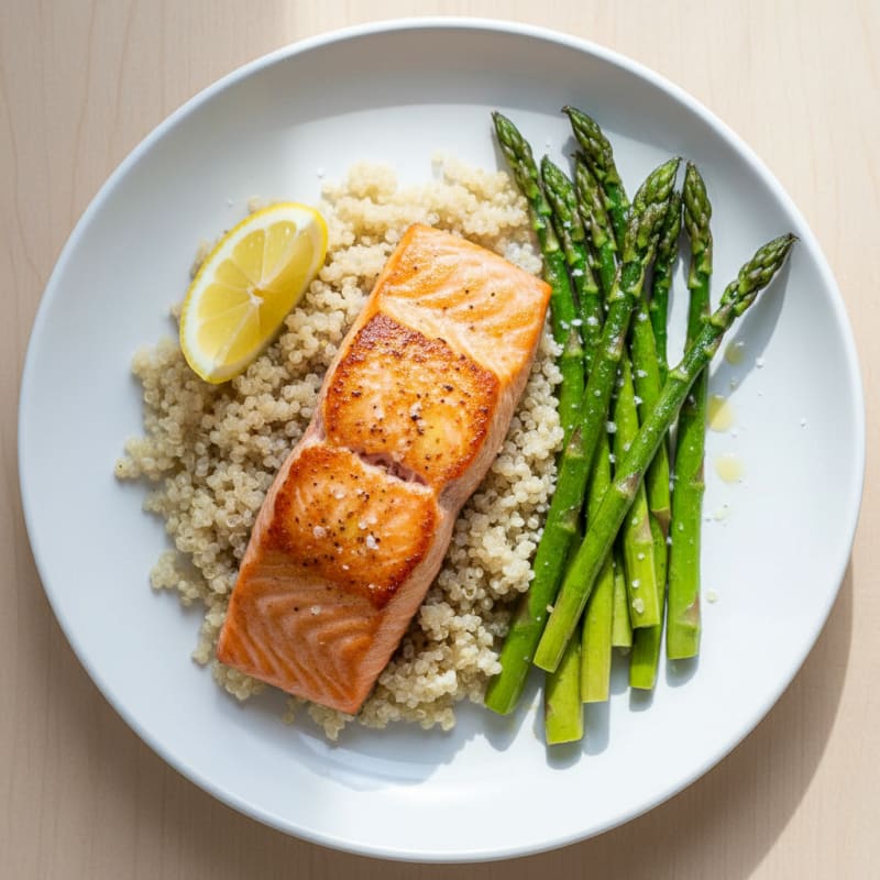 Seared Salmon Filet with Roasted Asparagus and Quinoa