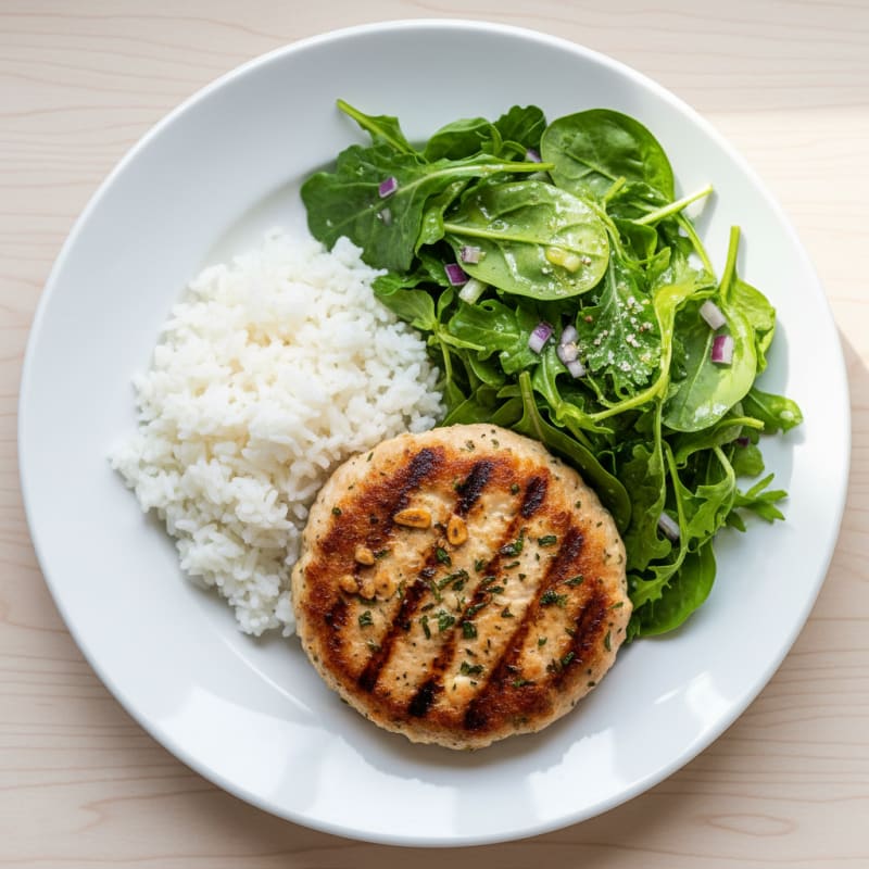 Grilled Chicken Burger Patty with Steamed Rice and Mixed Greens Salad