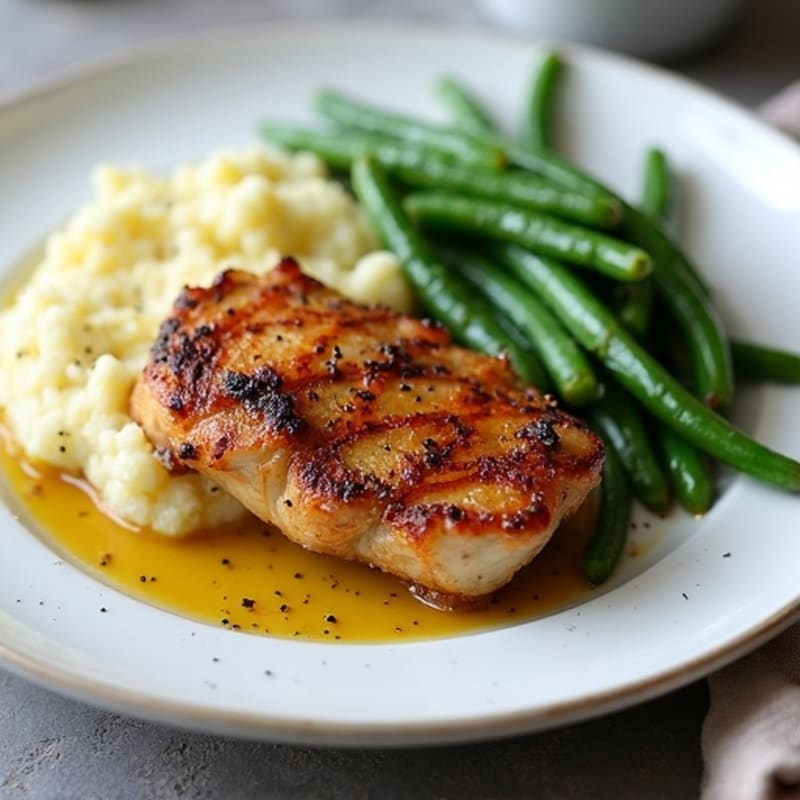Seared Chicken Thighs with Garlic Green Beans and Cauliflower Mash
