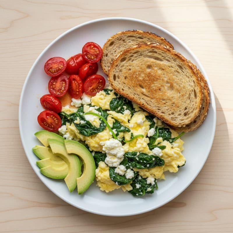 Cottage Cheese Egg Scramble with Sautéed Spinach and Tomatoes