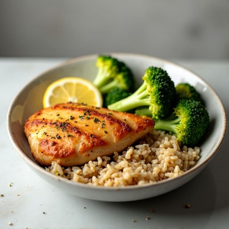 Crispy Lemon Herb Chicken with Fluffy Brown Rice and Roasted Broccoli