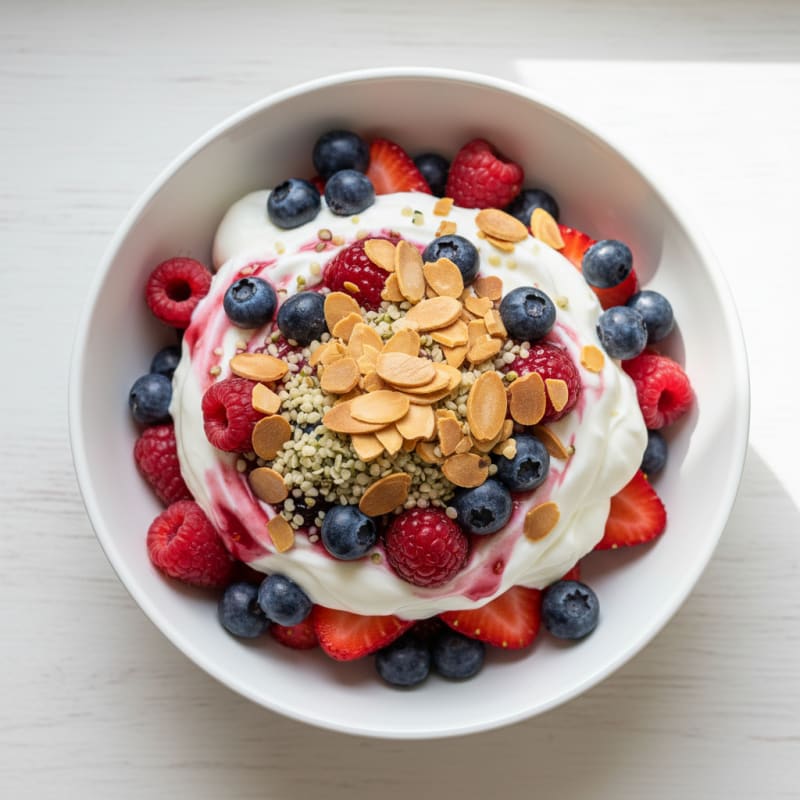 High-Protein Greek Yogurt Parfait with Mixed Berries and Vanilla Protein Powder