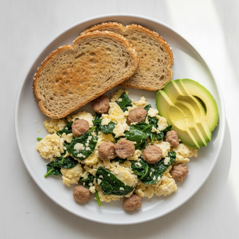 Egg White Scramble with Turkey Sausage and Sautéed Spinach