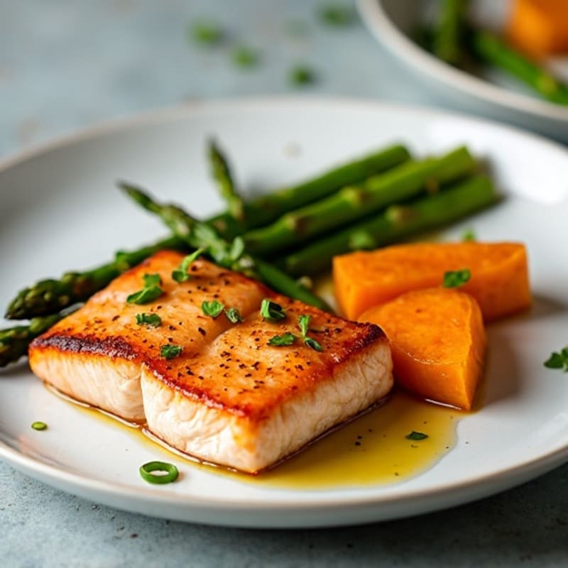 Seared Salmon Fillet with Roasted Sweet Potato and Asparagus