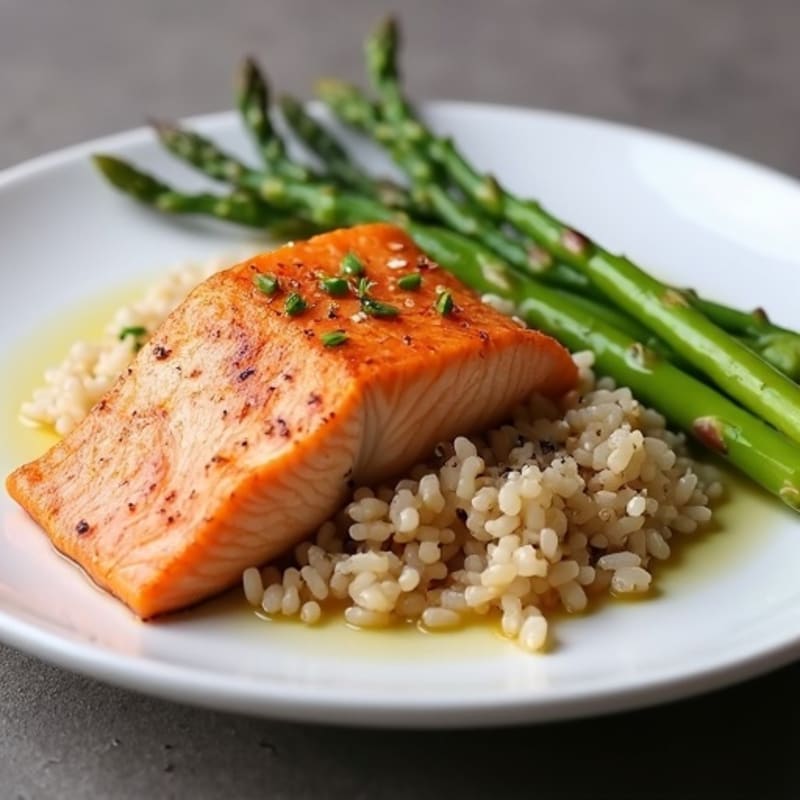 Seared Salmon with Steamed Asparagus and Brown Rice