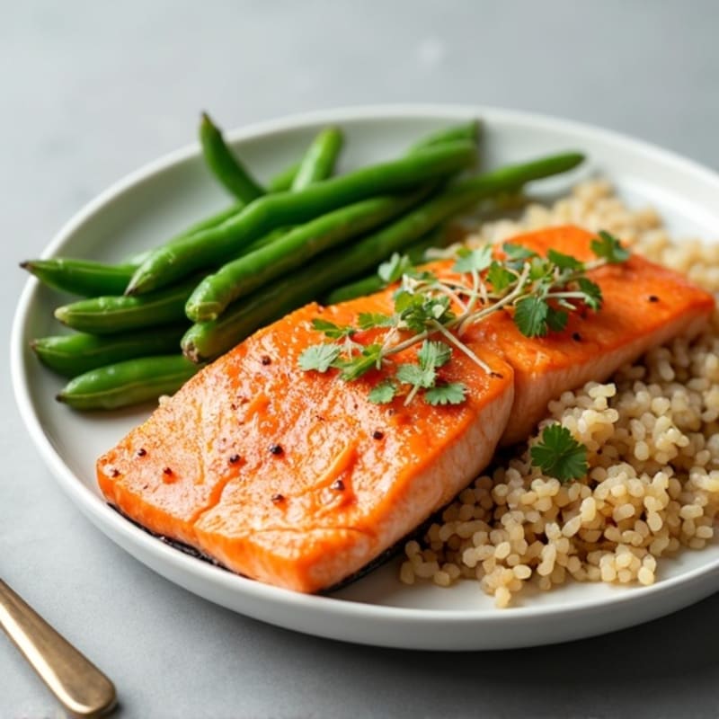 Seared Salmon with Steamed Green Beans and Brown Rice