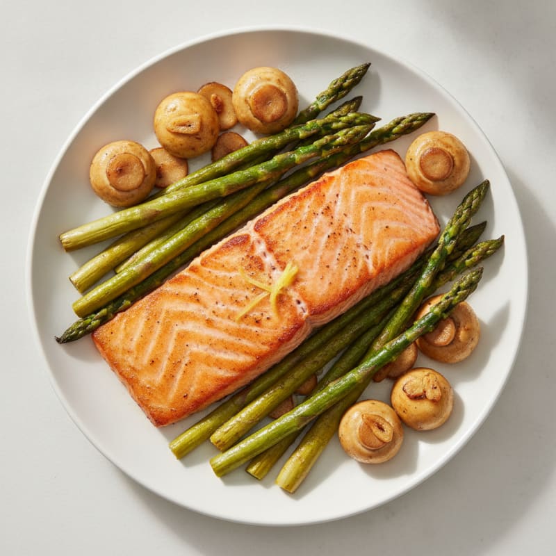 Seared Salmon Filet with Roasted Asparagus and Garlic Mushrooms