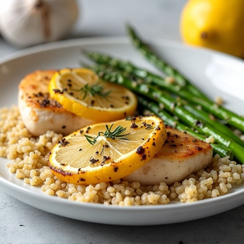 Lemon Herb Roasted Chicken with Crispy Asparagus and Quinoa