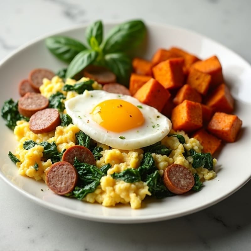 Egg White Spinach Scramble with Turkey Sausage and Roasted Sweet Potato