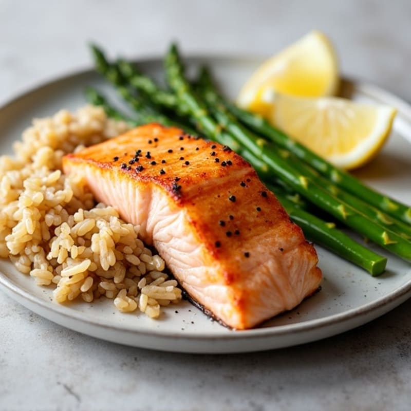 Seared Salmon with Steamed Asparagus and Brown Rice
