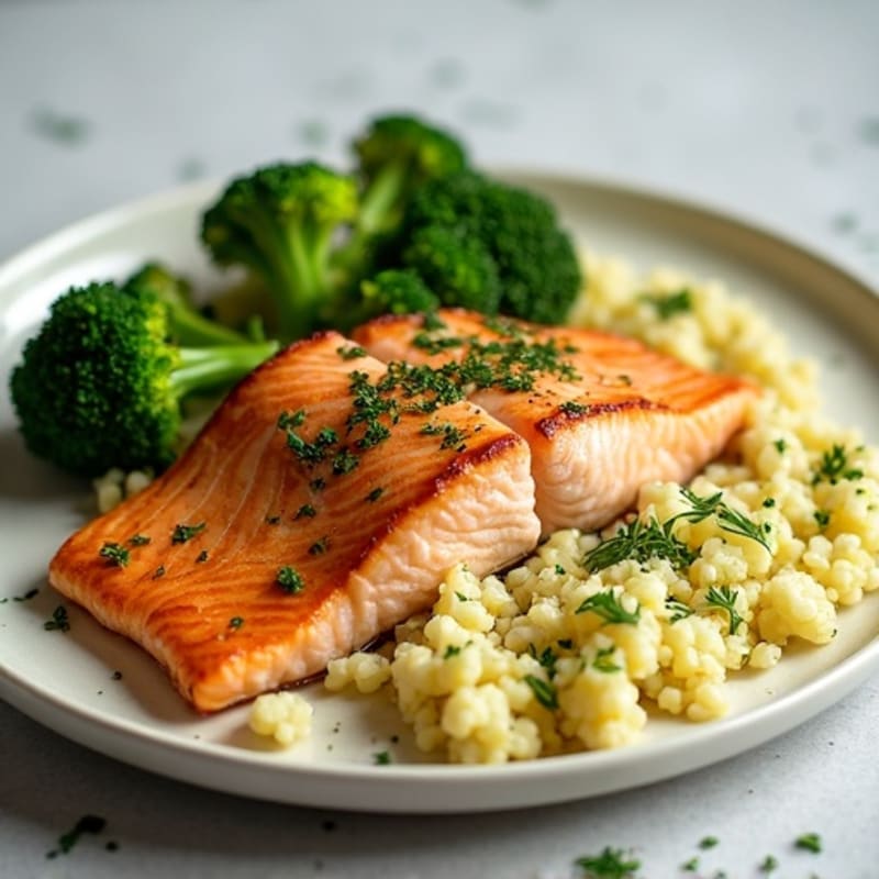 Seared Salmon with Roasted Broccoli and Lemon-Herb Cauliflower Rice