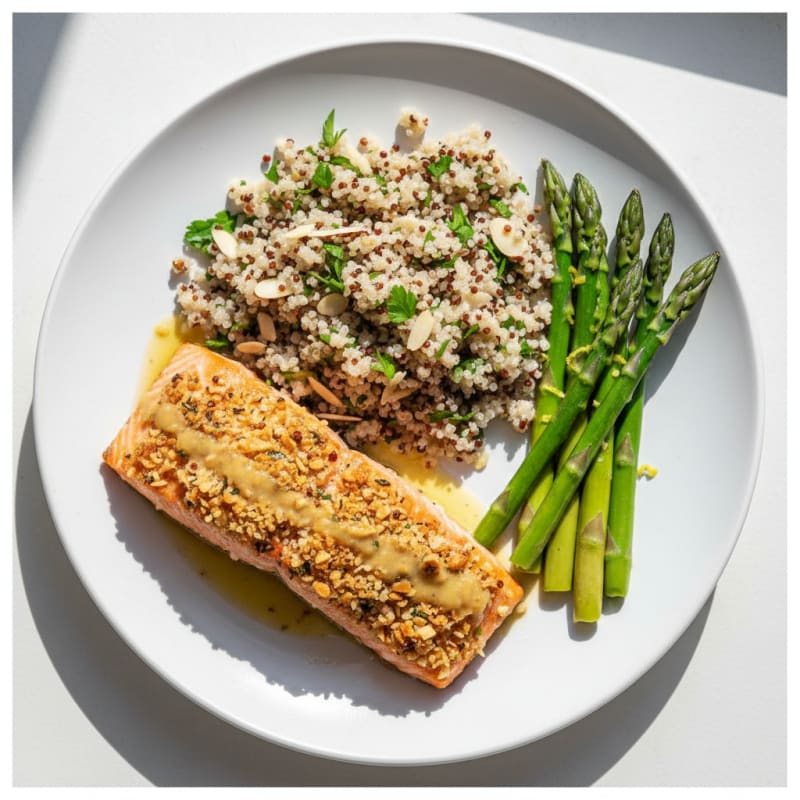 Crispy Baked Salmon with Steamed Asparagus and Herb Quinoa