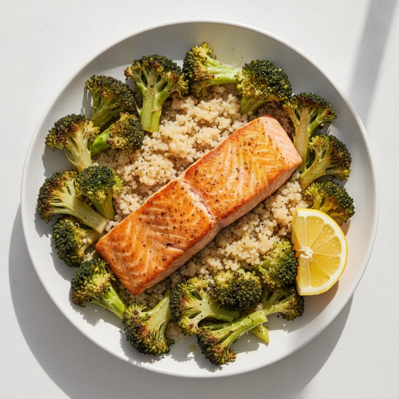 Seared Salmon with Roasted Broccoli and Quinoa