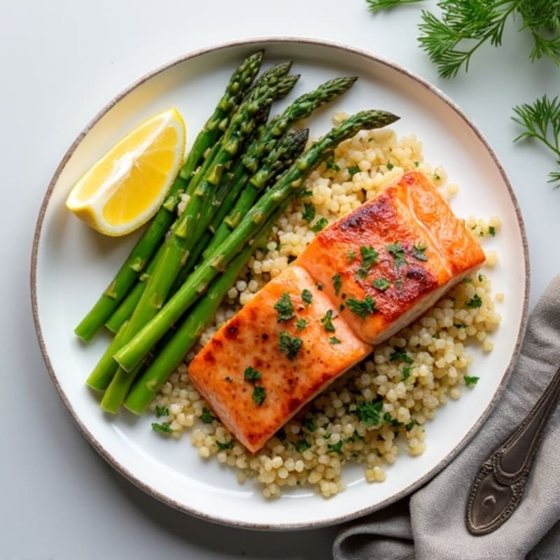 Seared Salmon Fillet with Herb Quinoa and Steamed Asparagus