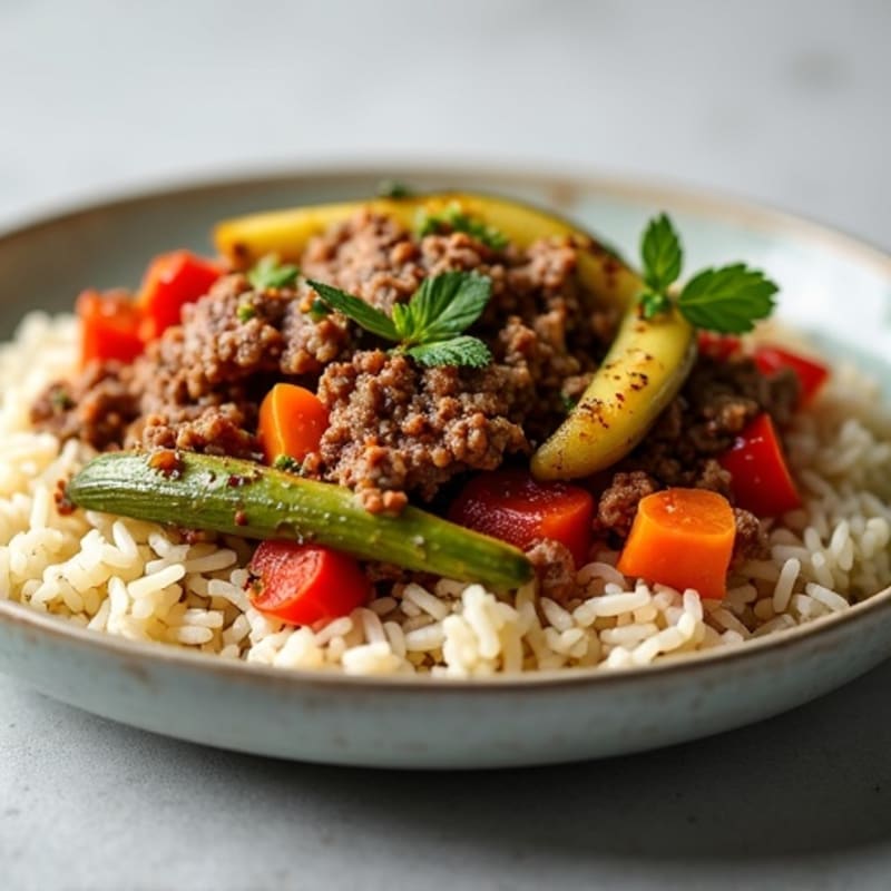 Crispy 93/7 Ground Beef and Rice Skillet with Steamed Vegetables