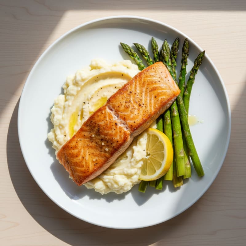 Seared Salmon Filet with Roasted Asparagus and Garlic Mashed Cauliflower