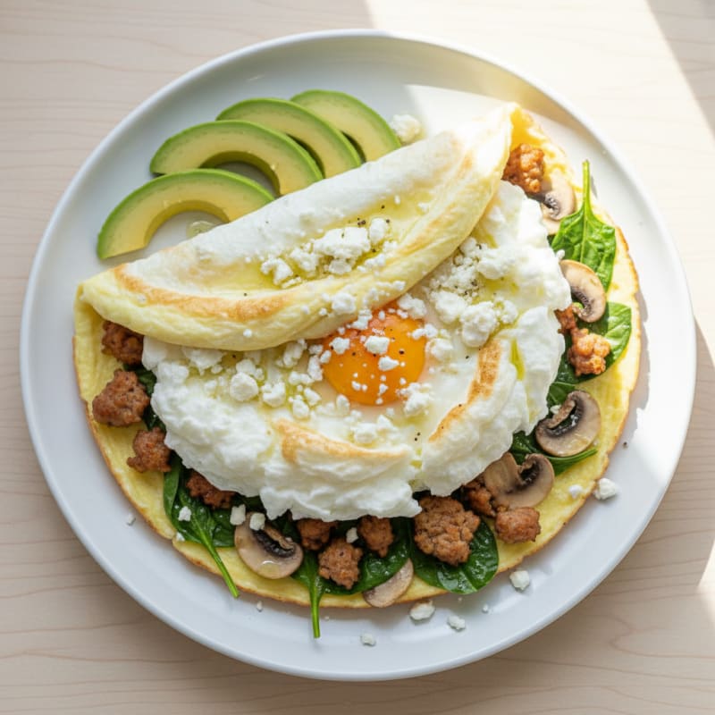 Fluffy Egg White Omelet with Turkey Sausage and Spinach