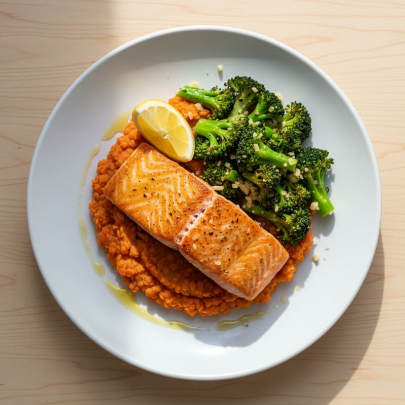 Seared Salmon with Garlic Broccoli and Lentil Mash