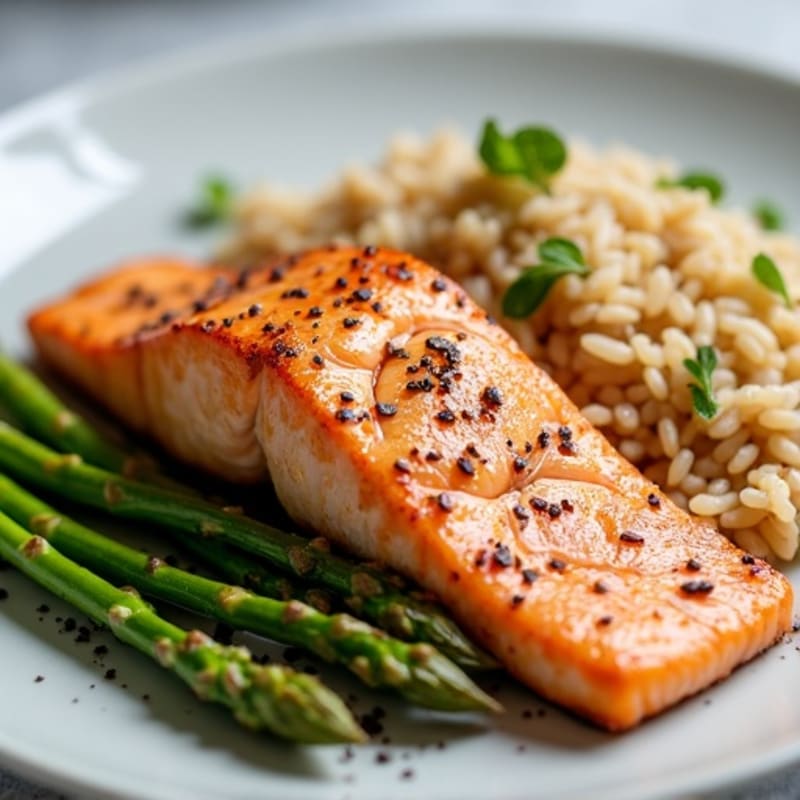 Seared Salmon with Steamed Asparagus and Brown Rice