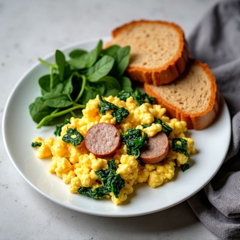 Egg White Scramble with Turkey Sausage and Sautéed Spinach