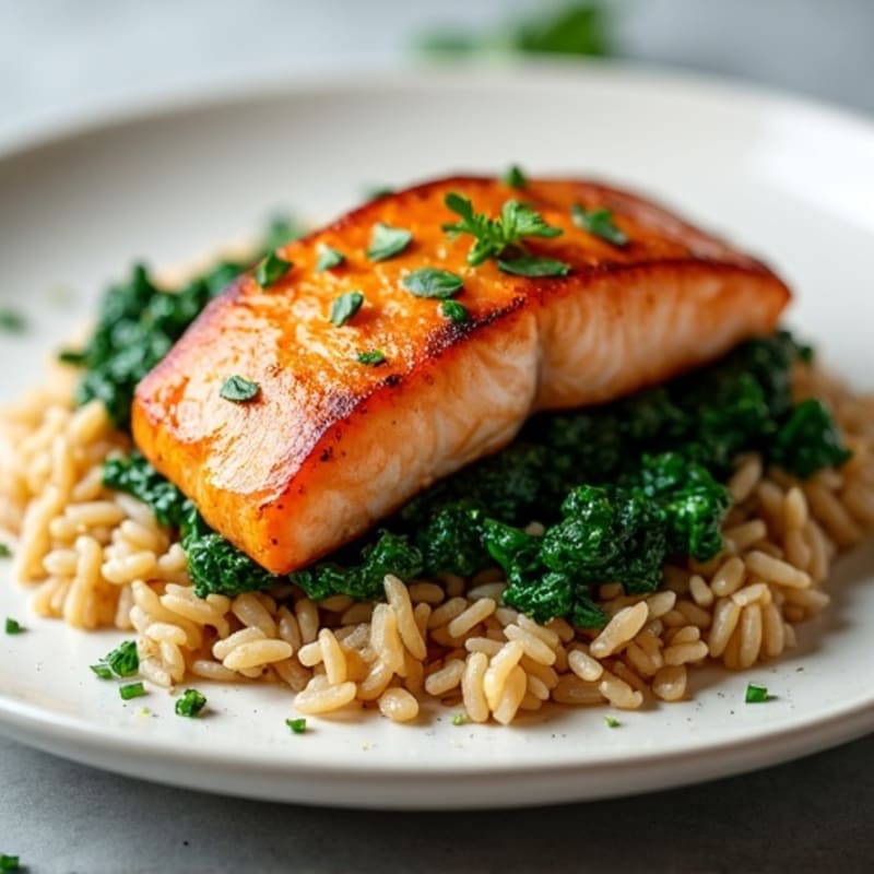 Seared Salmon with Garlic Spinach and Brown Rice