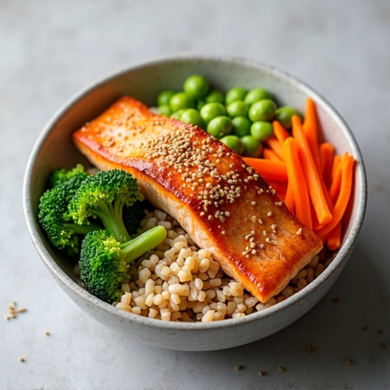 Seared Salmon Brown Rice Bowl with Sesame-Ginger Dressing