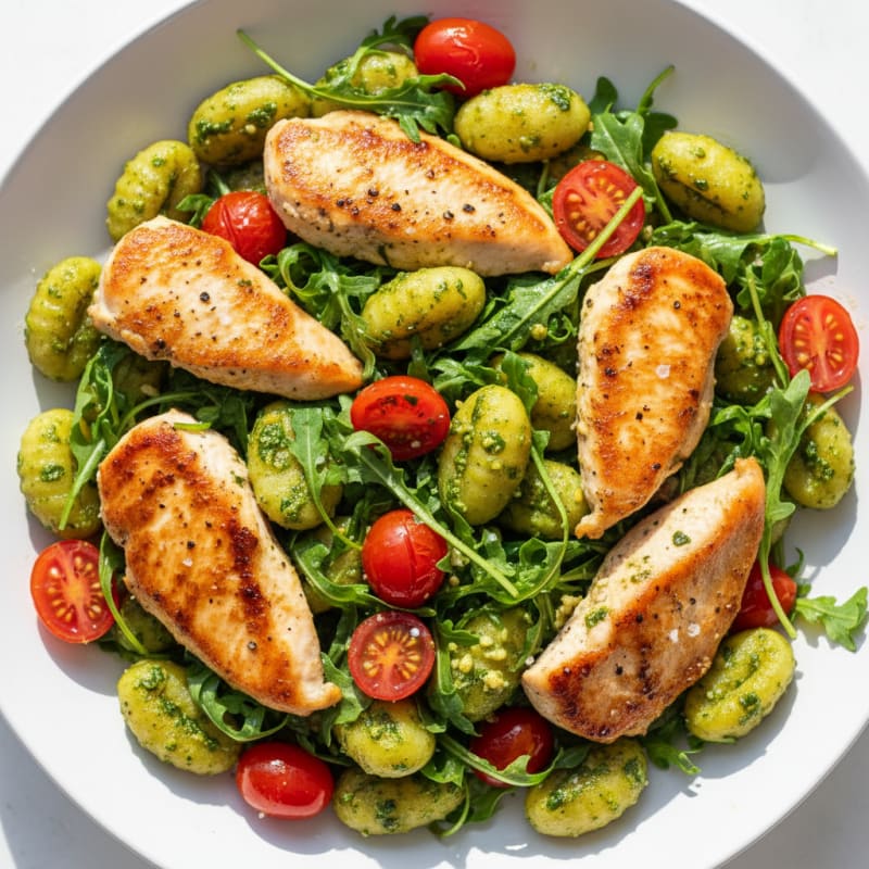 Gnocchi with Arugula Pesto and Cherry Tomatoes