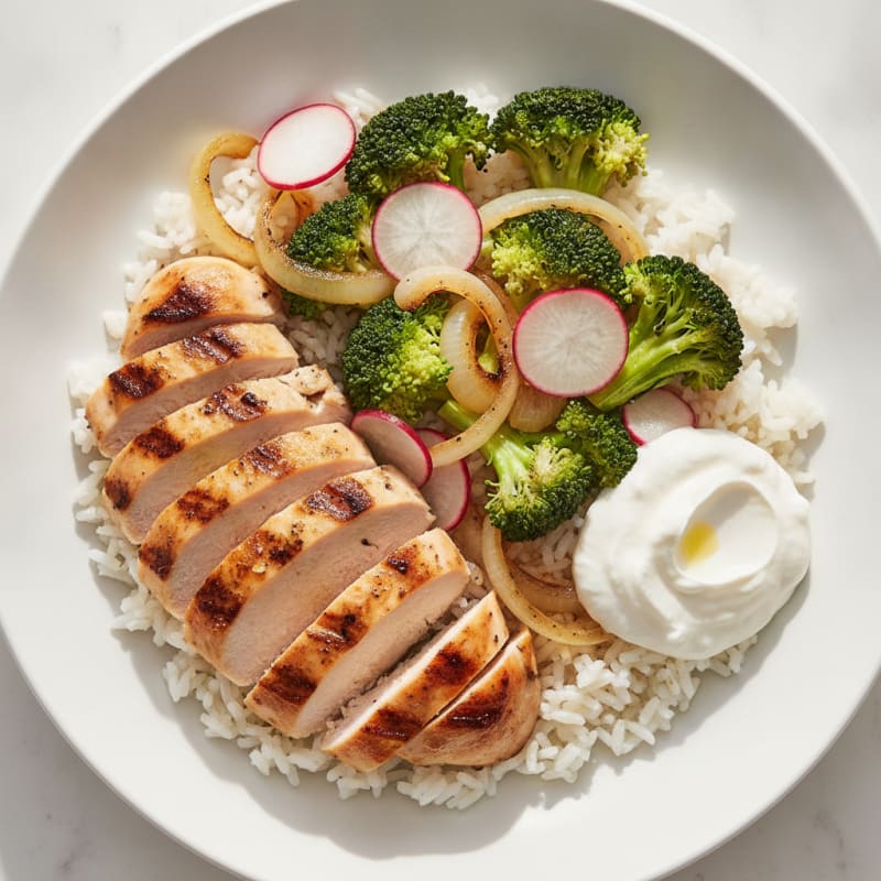 Grilled Chicken and Broccoli Rice Bowl with Roasted Onions