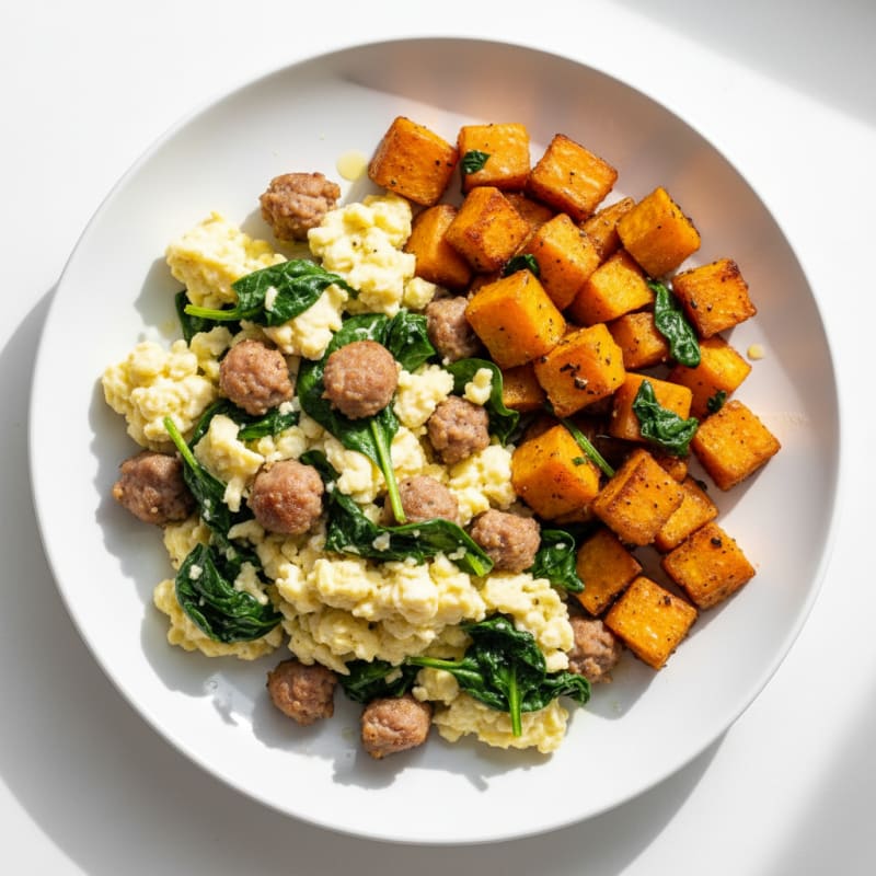 Egg White and Turkey Sausage Scramble with Spinach and Roasted Sweet Potato