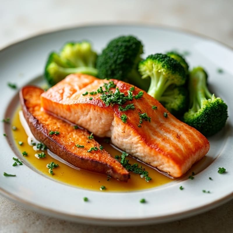 Seared Salmon with Steamed Broccoli and Roasted Sweet Potato