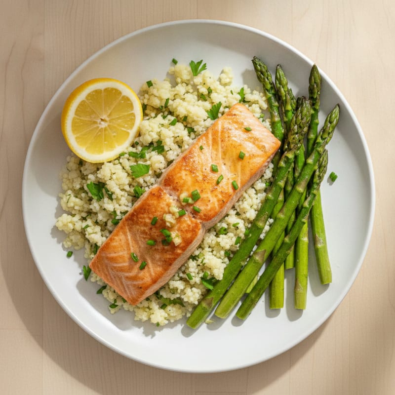 Seared Salmon with Herbed Cauliflower Rice and Asparagus
