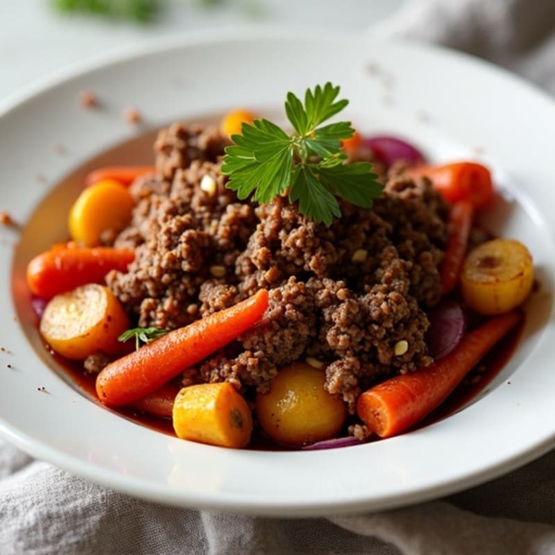 Slow Cooked Spiced Shredded Ground Beef with Roasted Root Vegetables