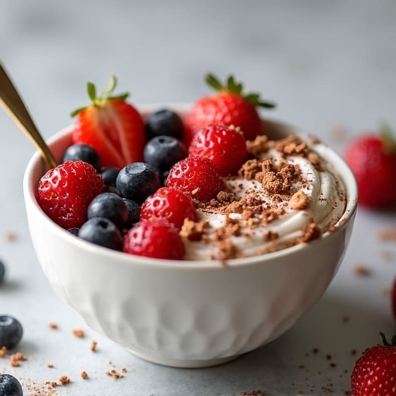 Creamy Chocolate Protein Cheesecake Bowl with Fresh Berries