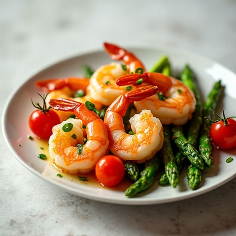 Garlic Shrimp with Roasted Asparagus and Cherry Tomatoes