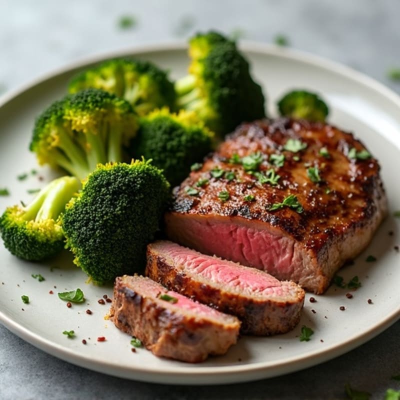 Pan-Seared Steak with Roasted Garlic Broccoli