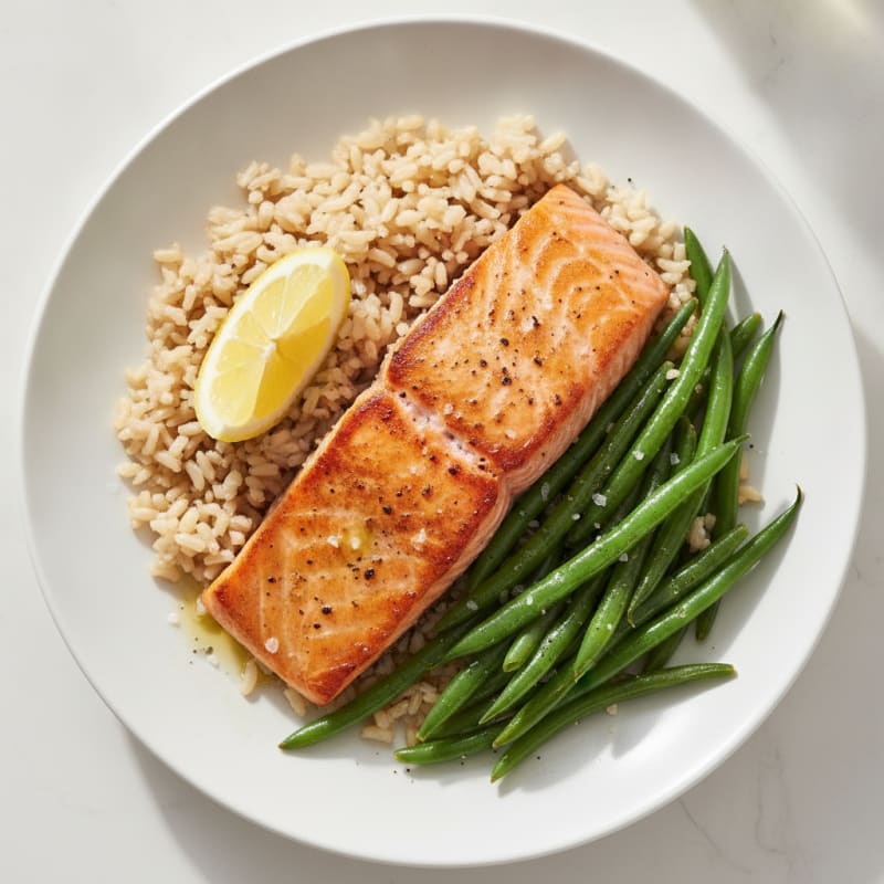 Seared Salmon Fillet with Steamed Green Beans and Brown Rice
