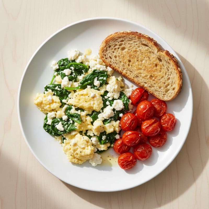 Cottage Cheese Egg Scramble with Spinach and Cherry Tomatoes