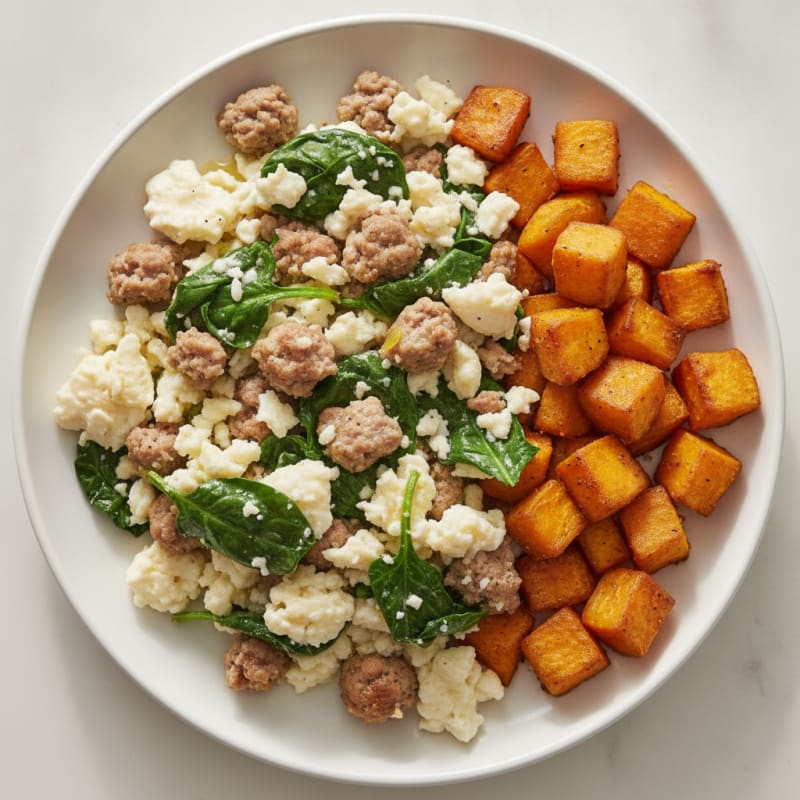 Egg White Scramble with Turkey Sausage and Spinach