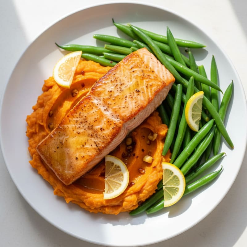 Seared Salmon with Steamed Green Beans and Sweet Potato Mash