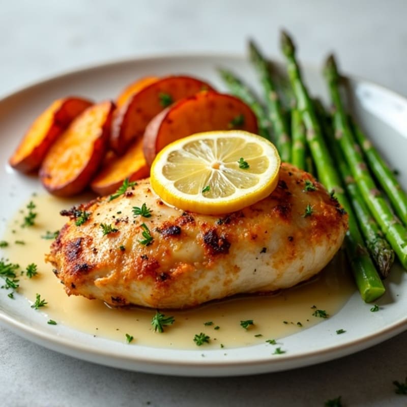 Crispy Lemon-Herb Roasted Chicken with Tender Asparagus and Roasted Sweet Potatoes
