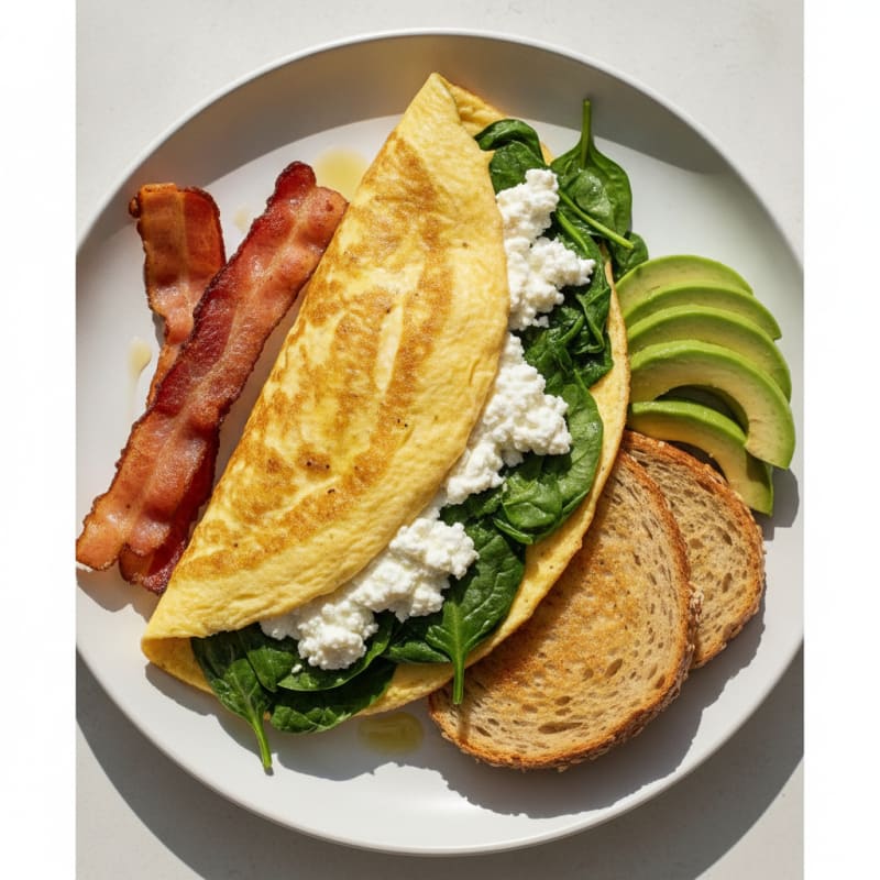 Crispy Turkey Bacon and Spinach Omelette with Cottage Cheese