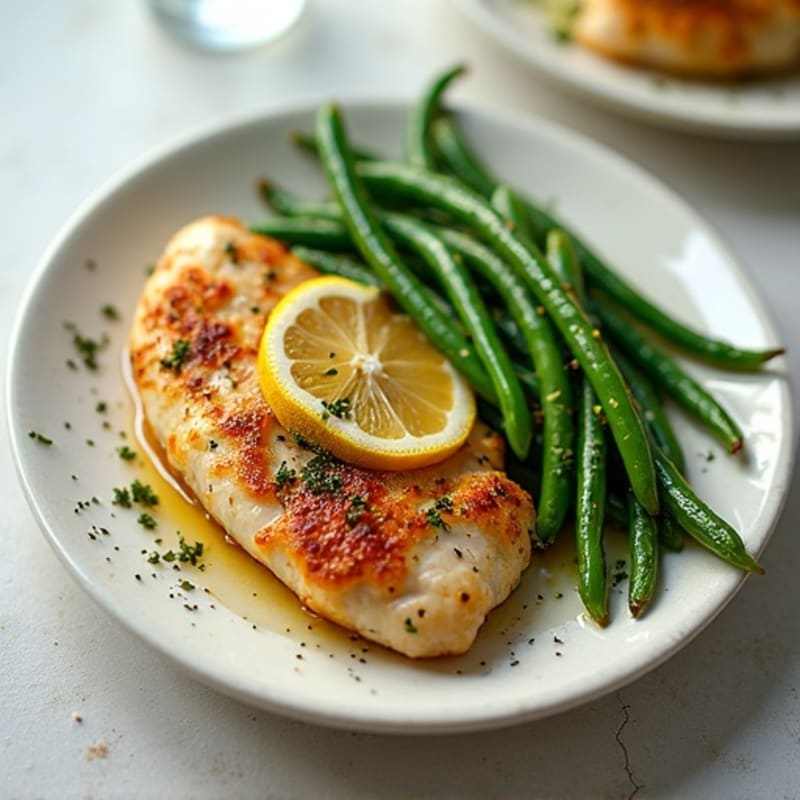 Crispy Lemon-Herb Pan-Seared Chicken Breast with Roasted Green Beans